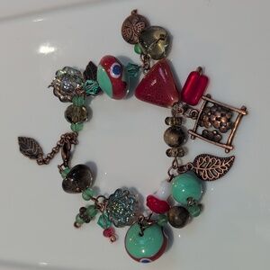 Handmade Porcelain & Glass Beaded Boho Charm Bracelet 7"